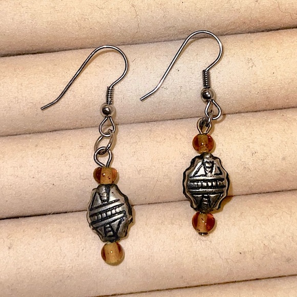 Jewelry - Vintage Silver & Amber Beaded Dangle Earrings